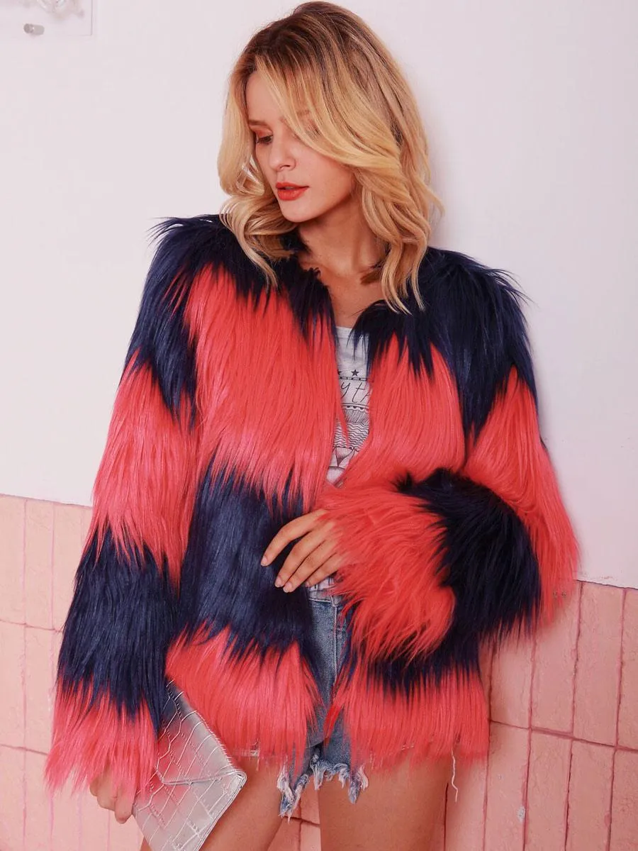 Faux Fur Coats Ture Red Long Sleeves Two-Tone Eco-friendly Fur Coat